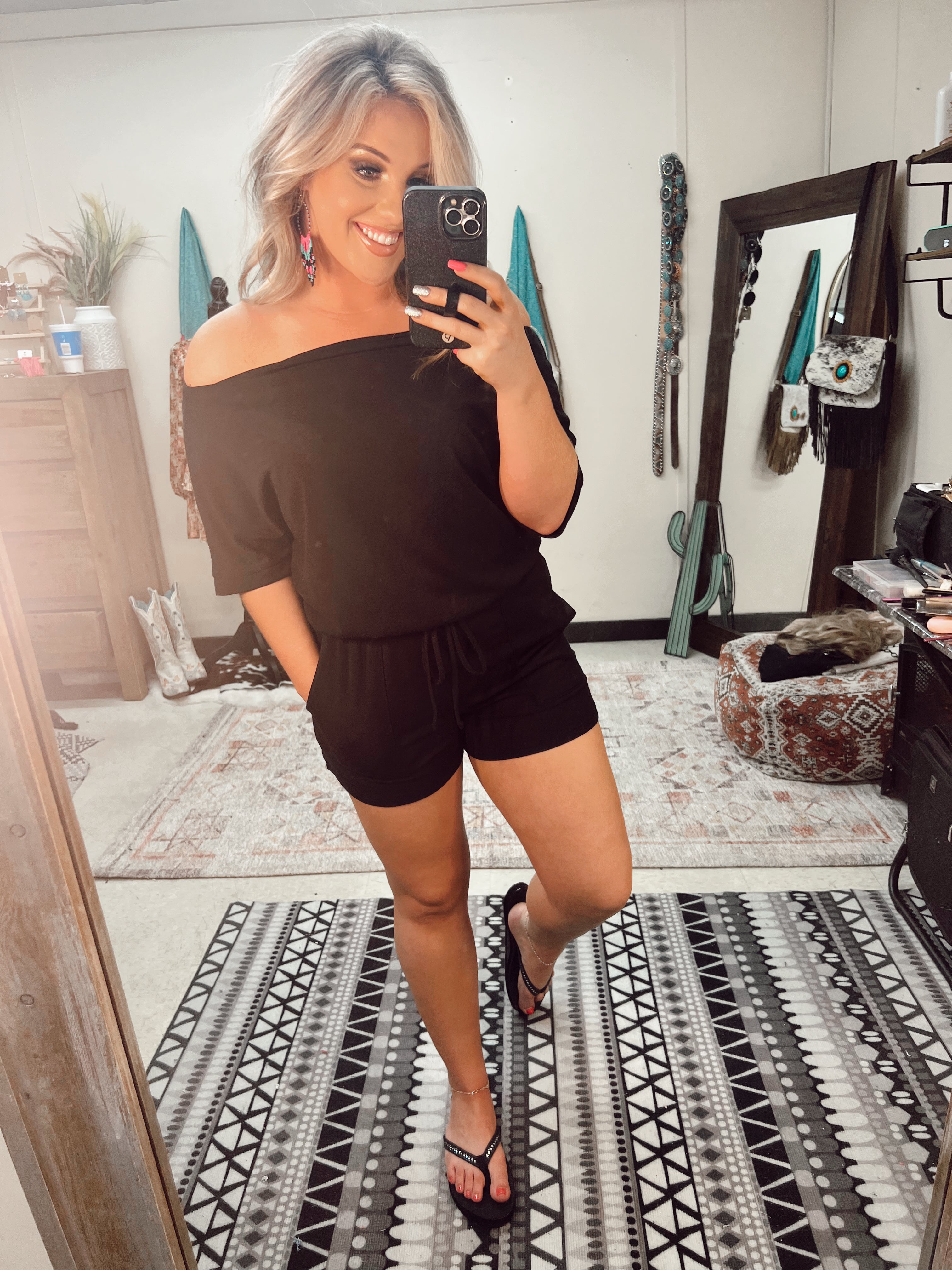 Comfy Black Romper Turquoise Traveler