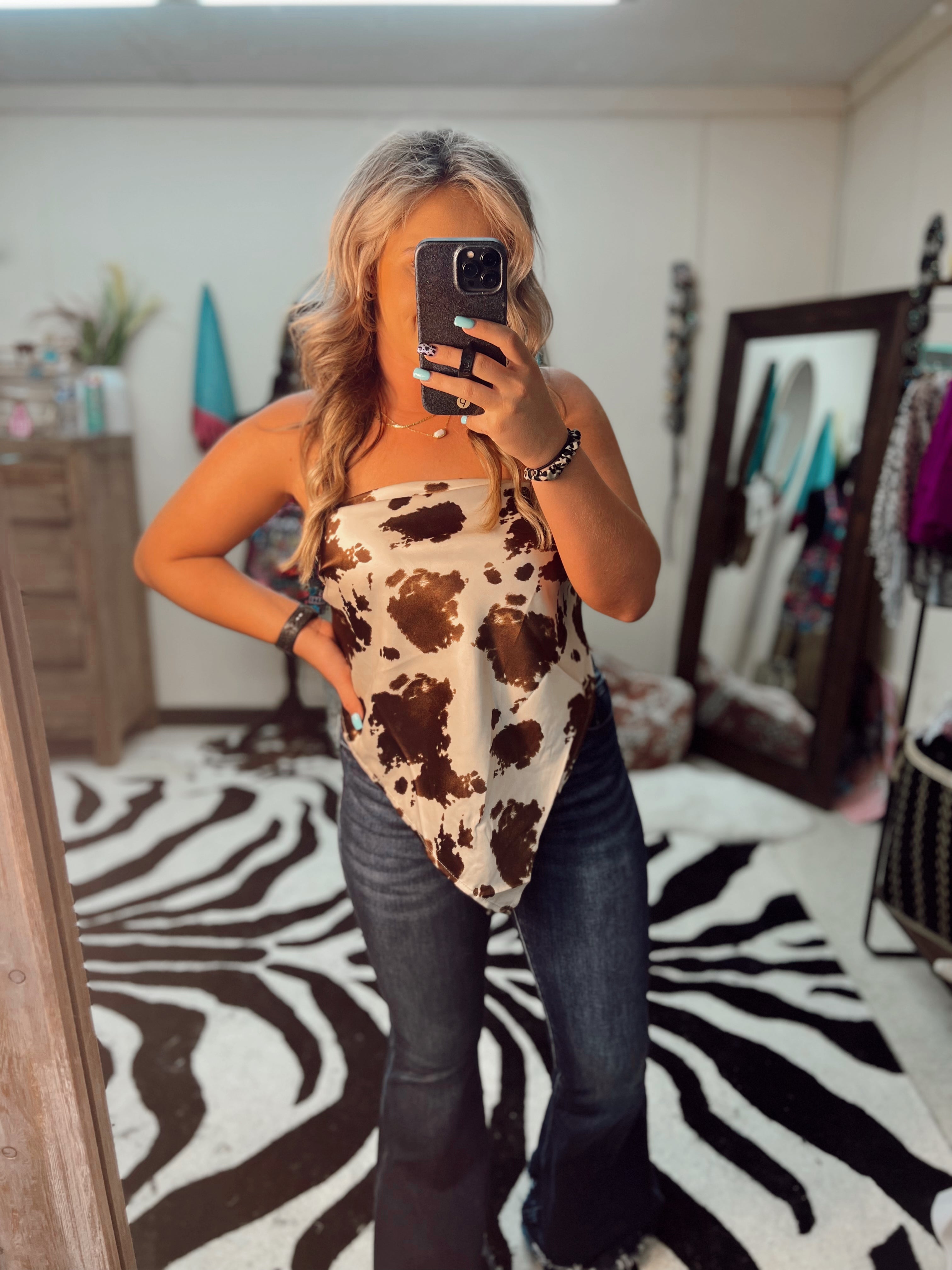 Crazy About You Cow Print Bandana Top Turquoise Traveler