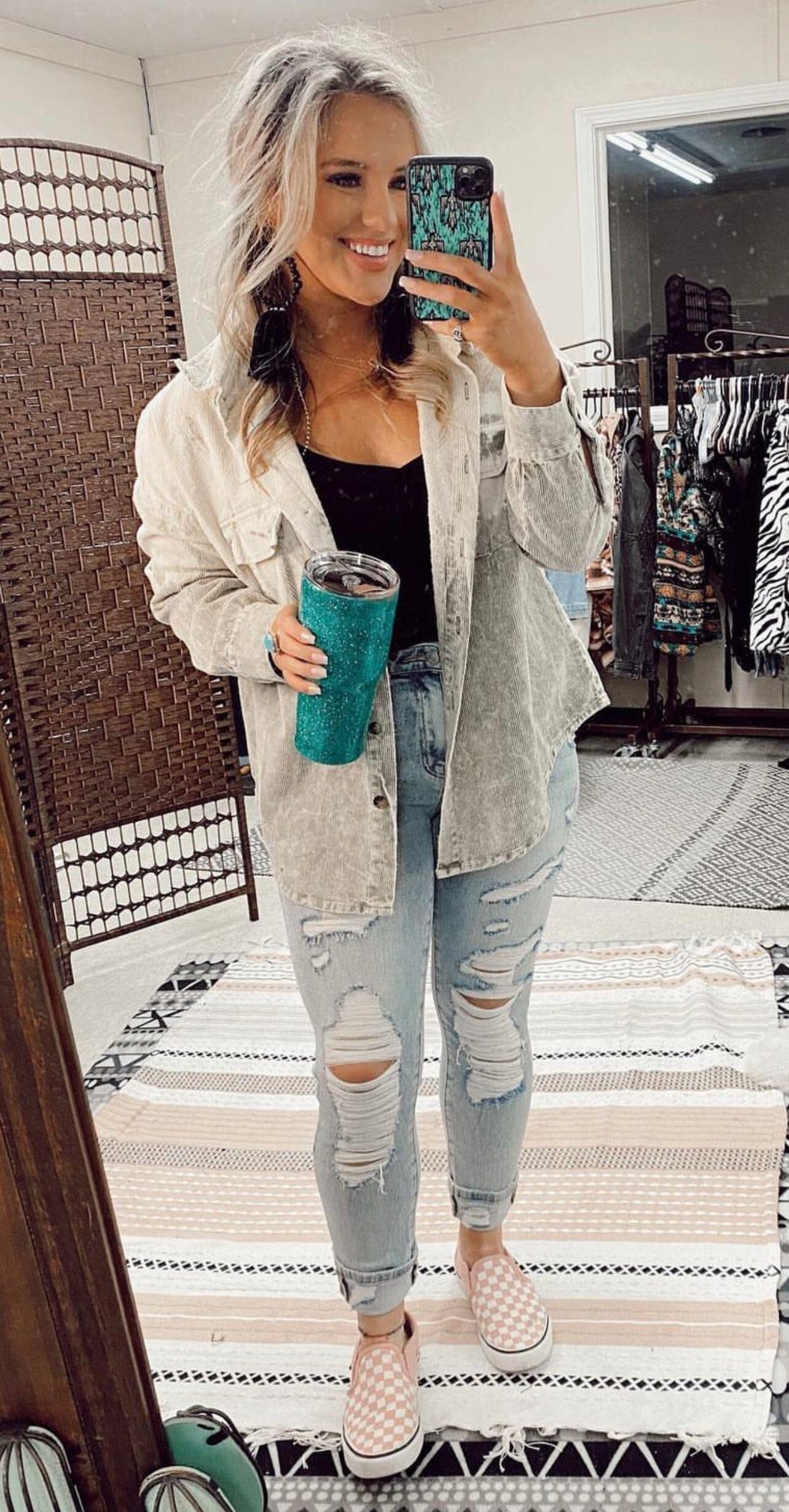Green button up Shacket Turquoise Traveler