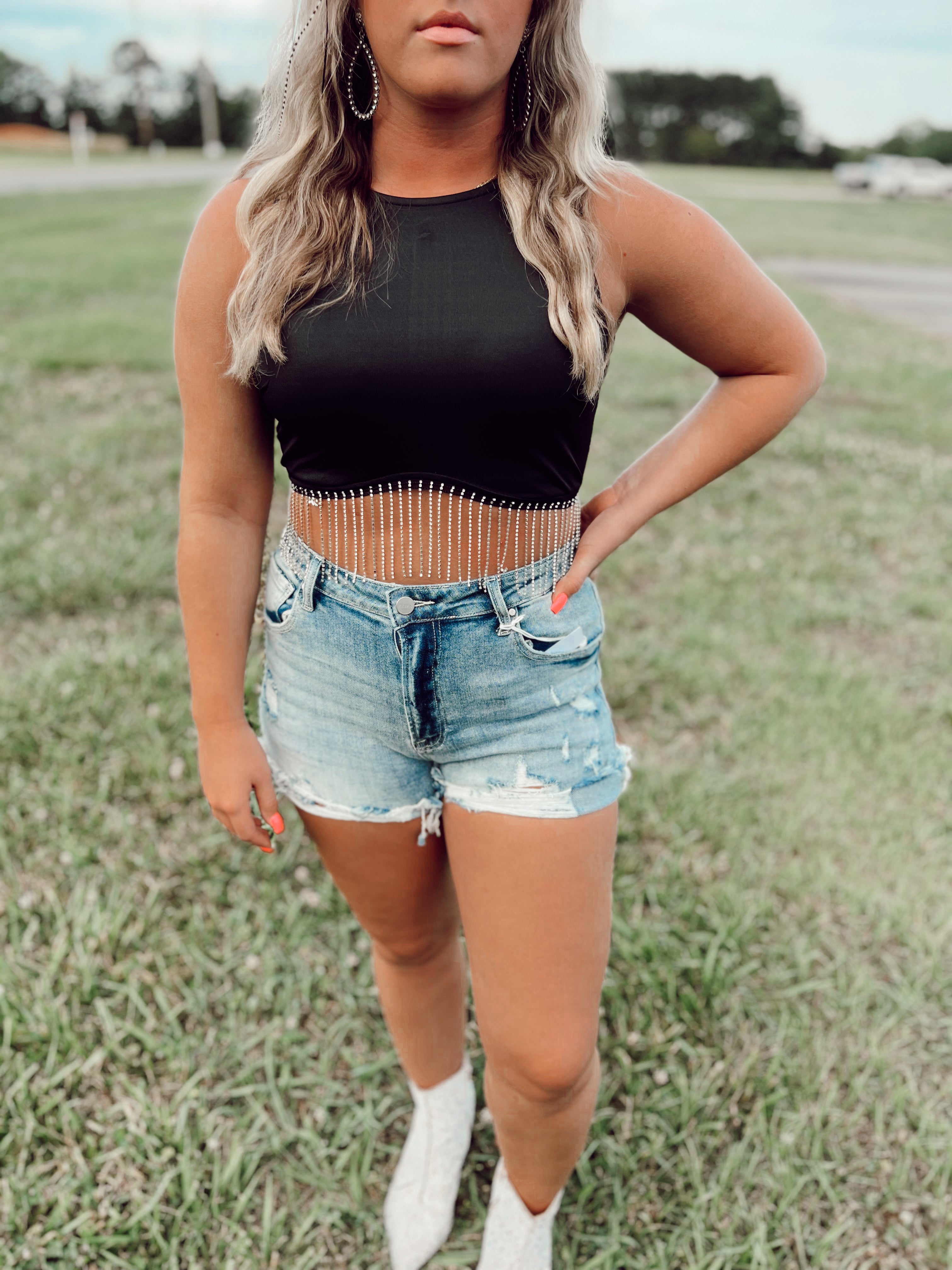 Rhinestone Fringe Crop Top Turquoise Traveler