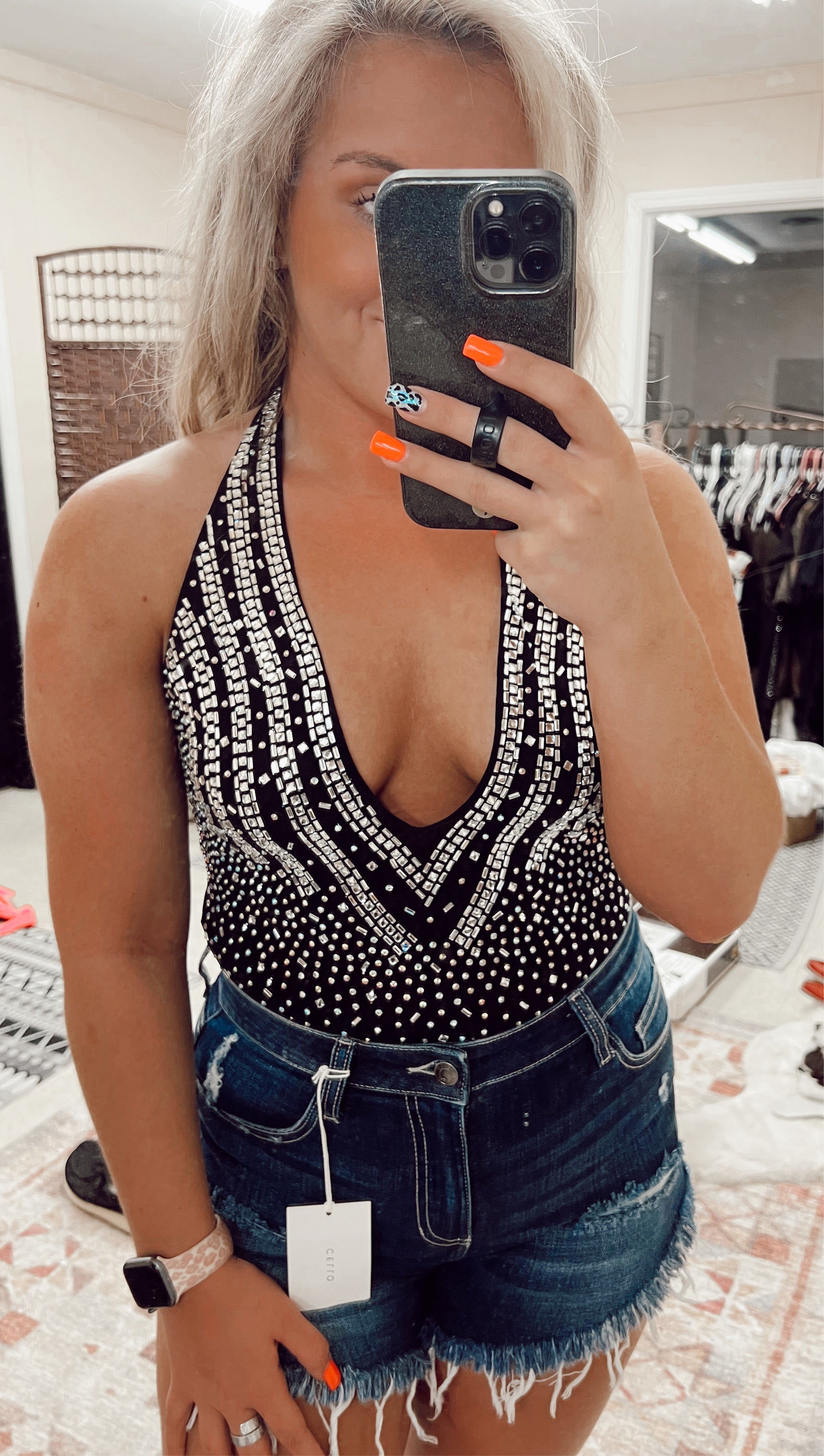 Rhinestone Hotshot Haulter Bodysuit Turquoise Traveler